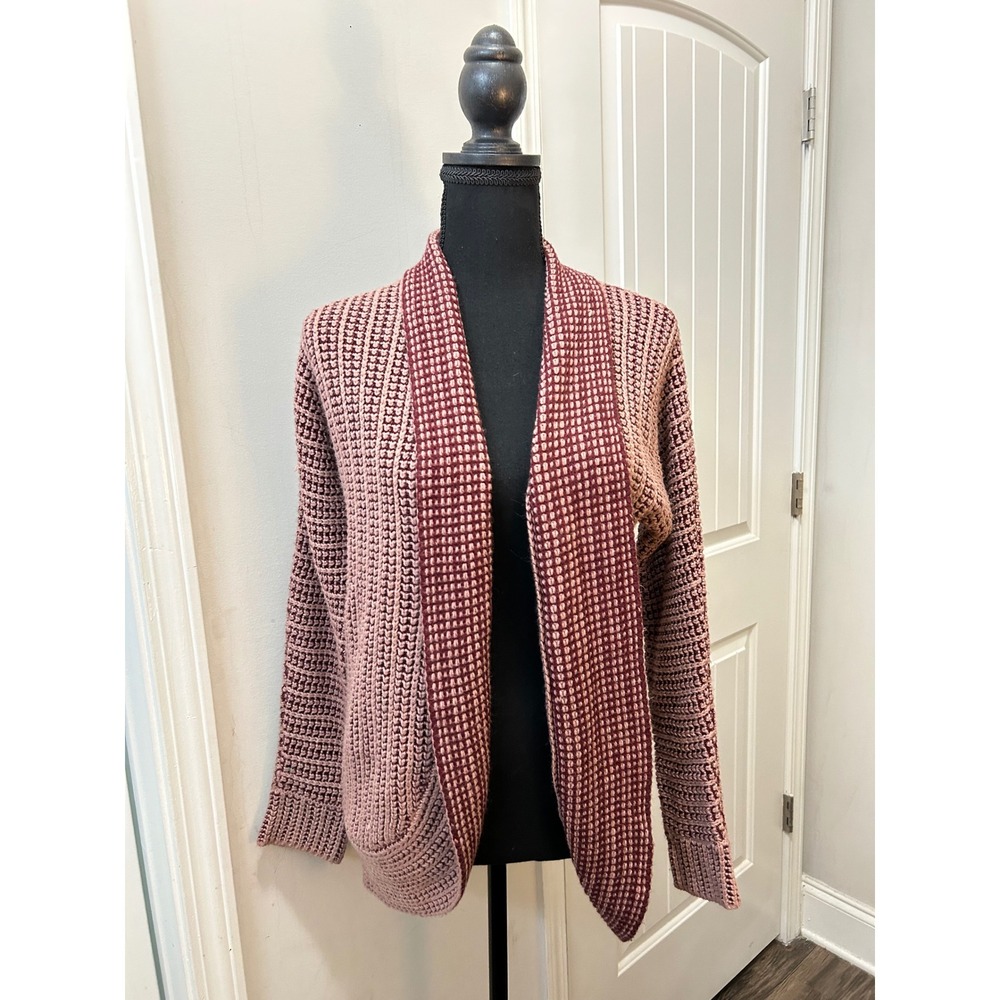 PINK‎ ROSE Two Tone Chunky Knit Cardigan Sweater Woven Detail Burgundy Pink S S